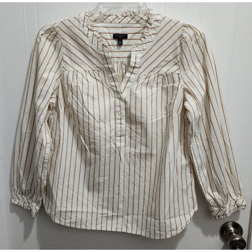 Talbots Women's Long Sleeve Popover Tunic Top Beige Striped 100% Cotton Size‎ SP